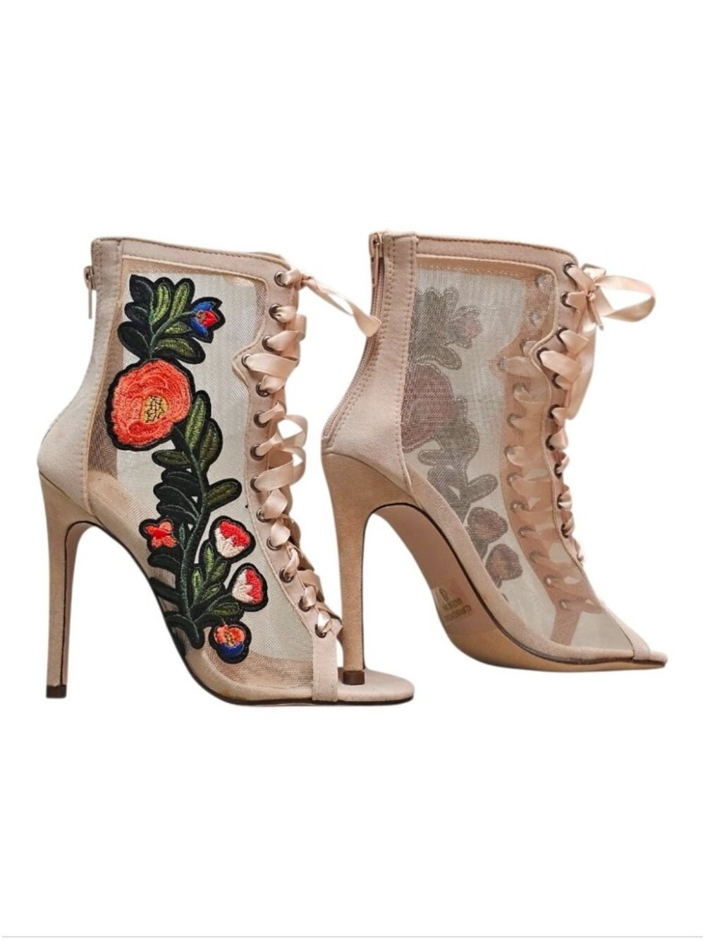 Floral Embroidered Mesh Lace-Up Stiletto Heels With Back Zipper